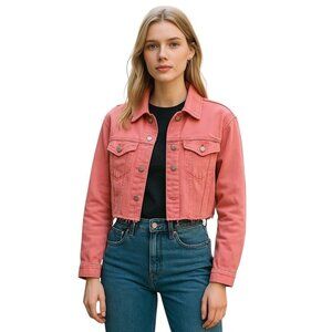 Boyish The Harvey Crop Denim Jacket In Coral Pink size Small